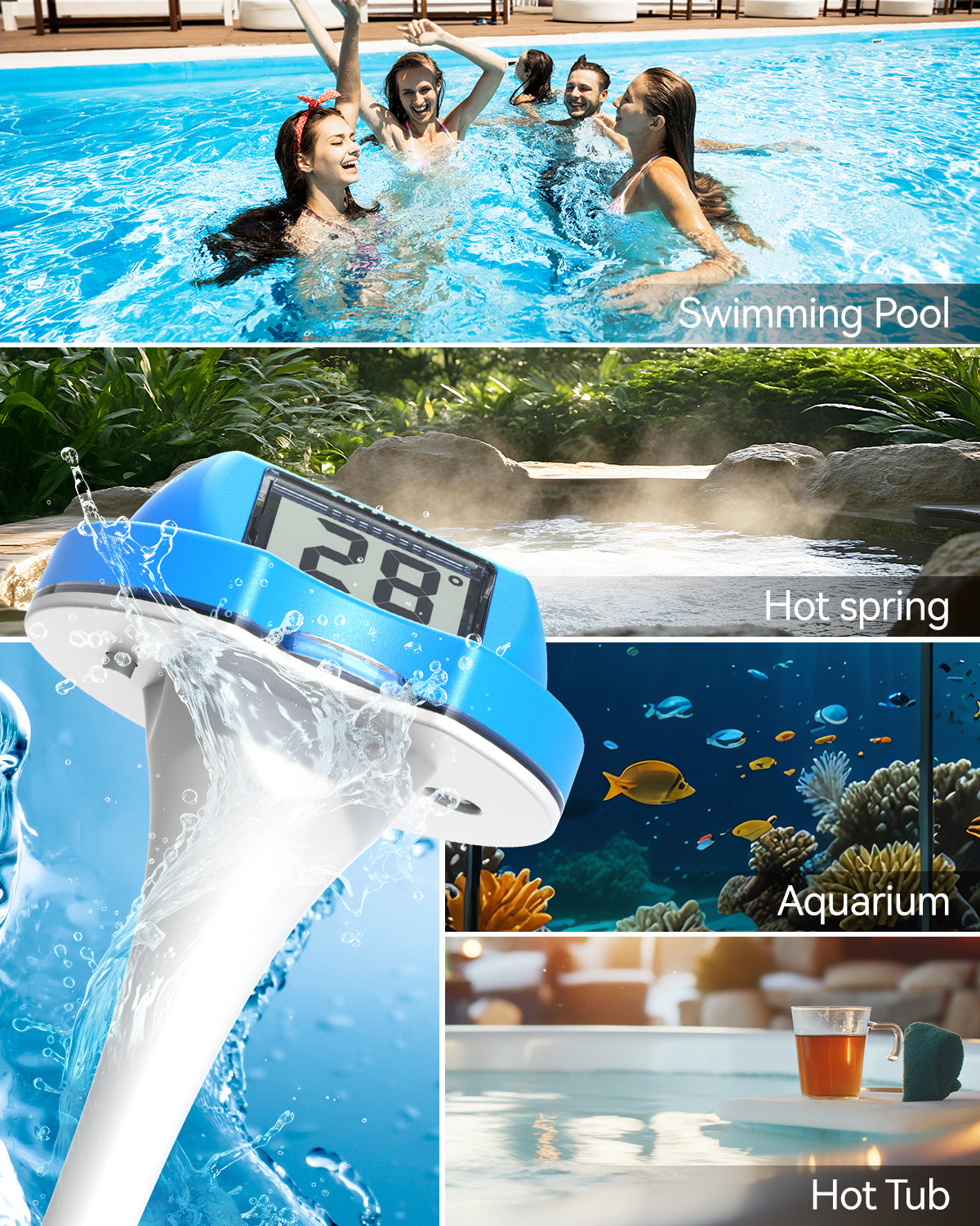Pool Thermometer Floating Easy Read with Dual Jumbo-Sized Screens, Solar Digital Pool Temperature Thermometer Floating for SPA, Ponds