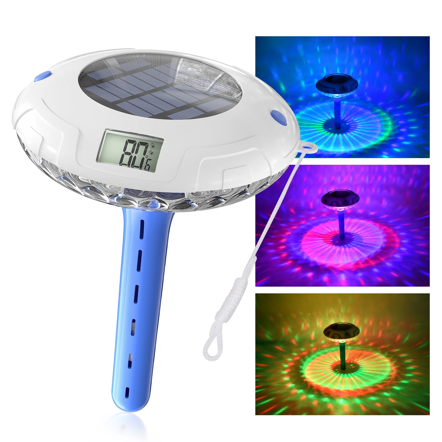 Pool Thermometer Easy to Read, Solar Pool Light with 8 RGBW Color Modes, Dual Dightal Displays for Inground Above Ground Pools