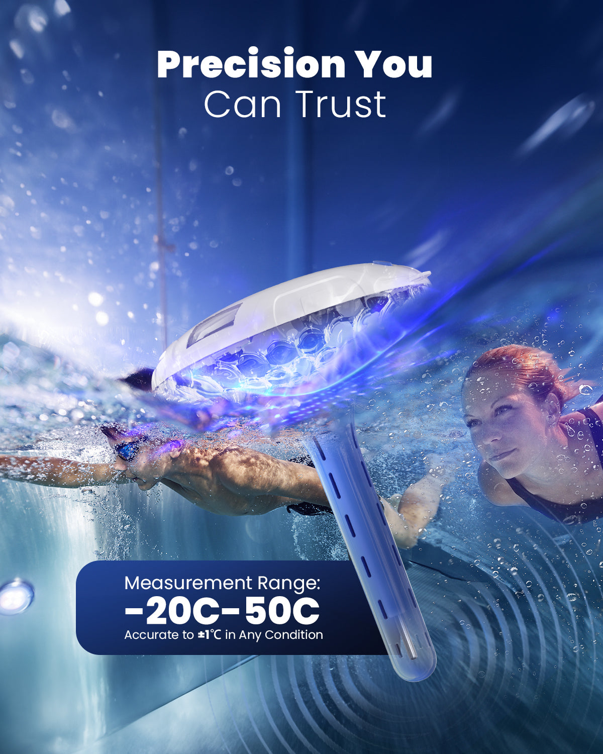 Pool Thermometer Easy to Read, Solar Pool Light with 8 RGBW Color Modes, Dual Dightal Displays for Inground Above Ground Pools