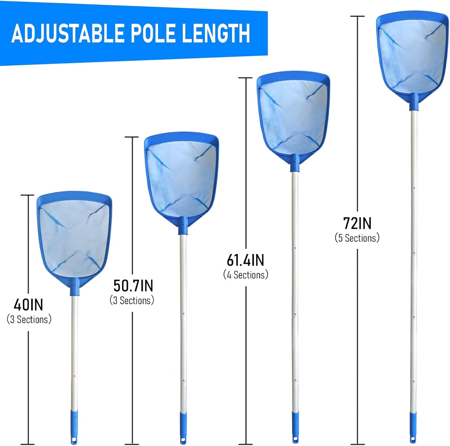 Swimming Pool Leaf Skimmer Net, with 5 Sections Telescopic Aluminum Pole & Nylon Medium Fine Mesh Pool Net, Pool Cleaning Tool for Removing Leaves & Debris