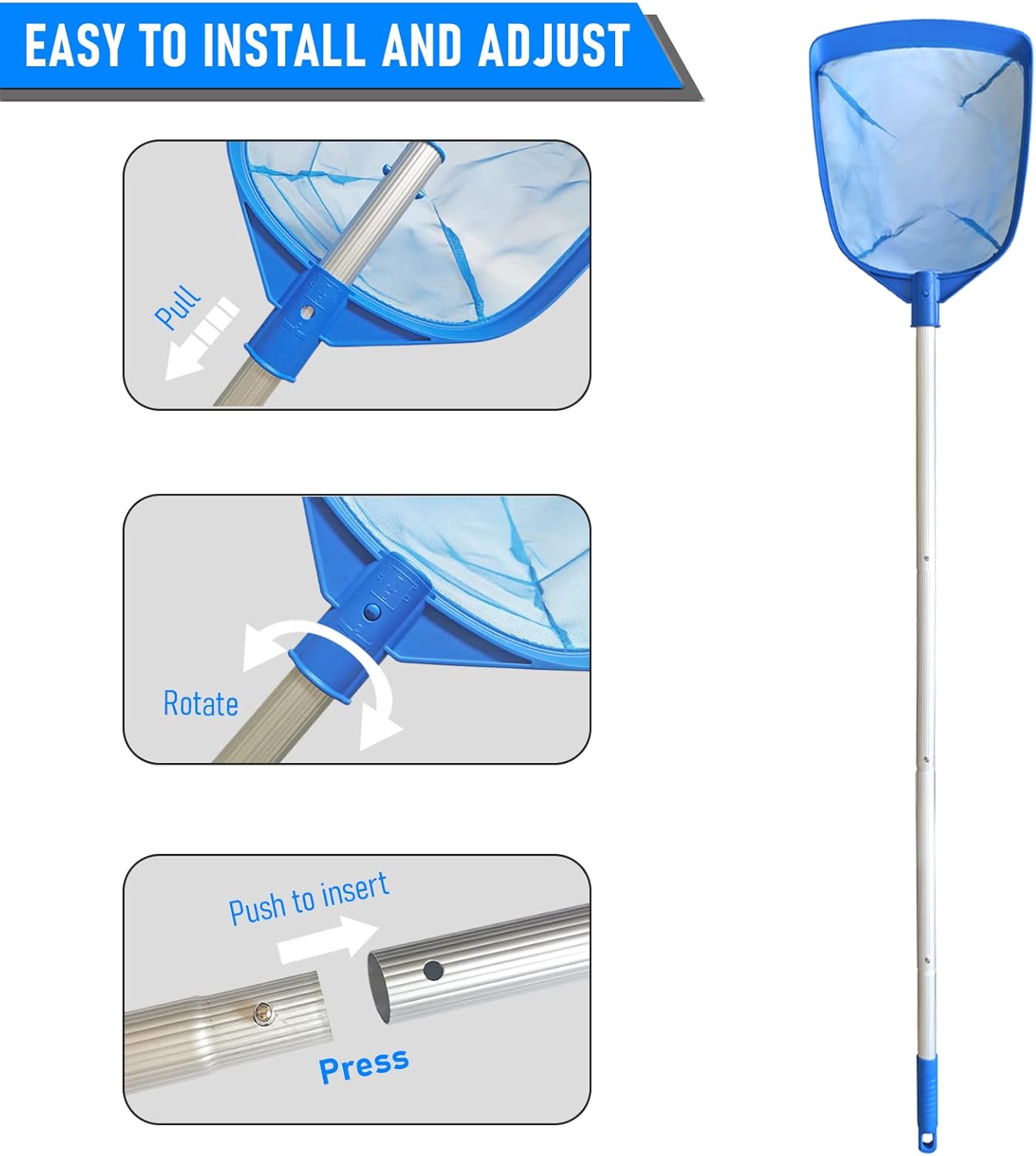 Swimming Pool Leaf Skimmer Net, with 5 Sections Telescopic Aluminum Pole & Nylon Medium Fine Mesh Pool Net, Pool Cleaning Tool for Removing Leaves & Debris