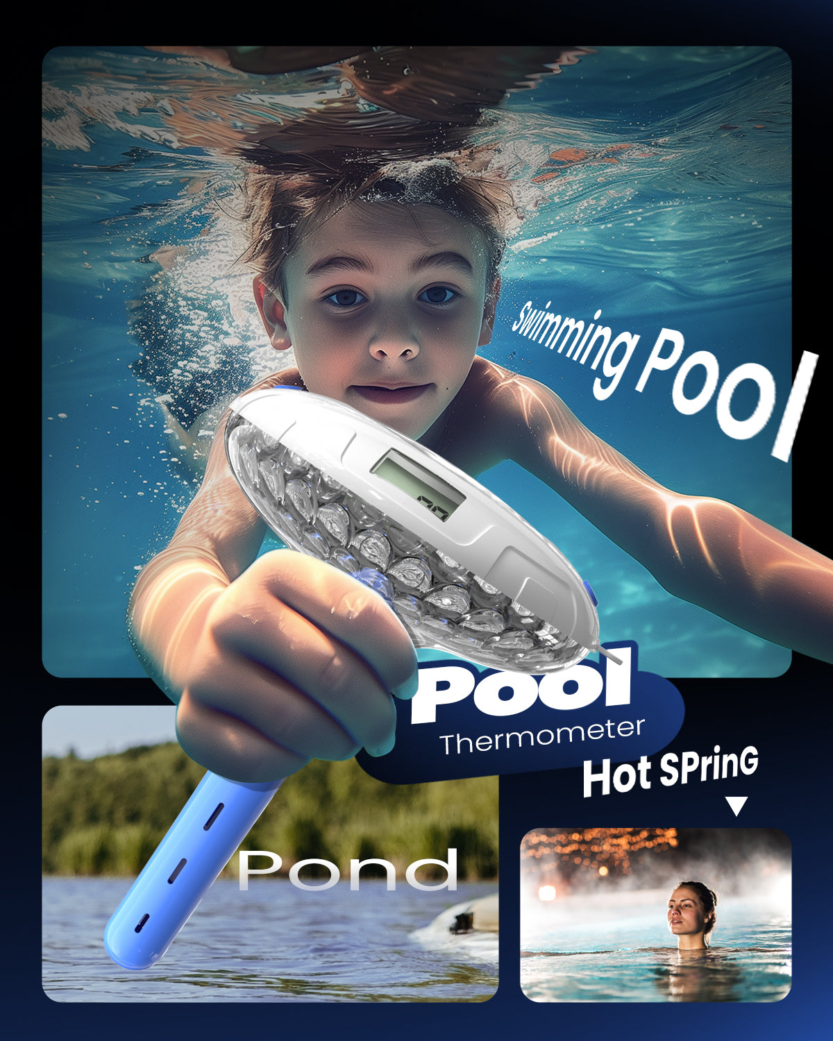 Pool Thermometer Easy to Read, Solar Pool Light with 8 RGBW Color Modes, Dual Dightal Displays for Inground Above Ground Pools