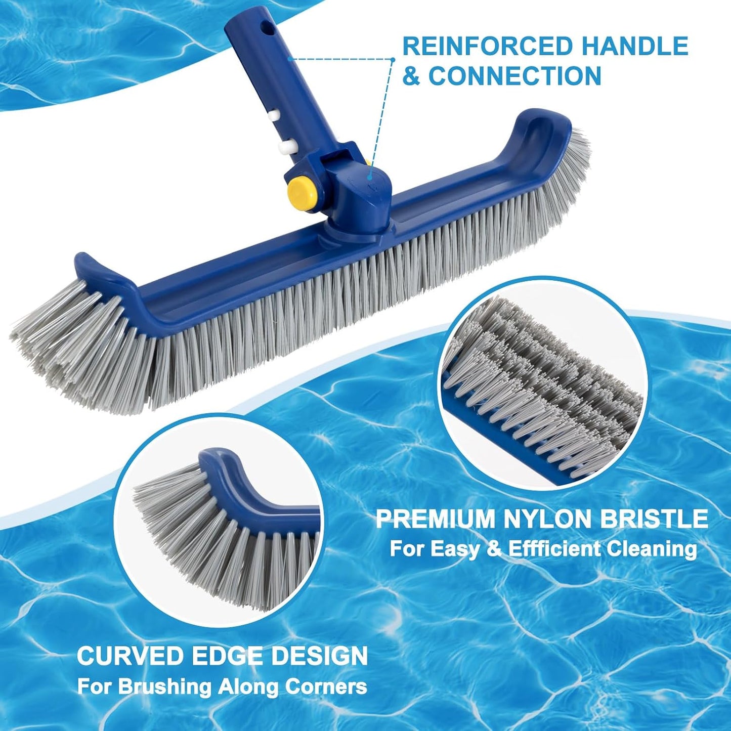 Pool Brush with Rotatable Handle,17.5" Pool Brush Head for Inground Pools, Above-Ground & Vinyl Pools, Heavy-duty Pool Brushes for Cleaning Pool Walls, Sturdy Pool Brush Fit Standard Pool Pole