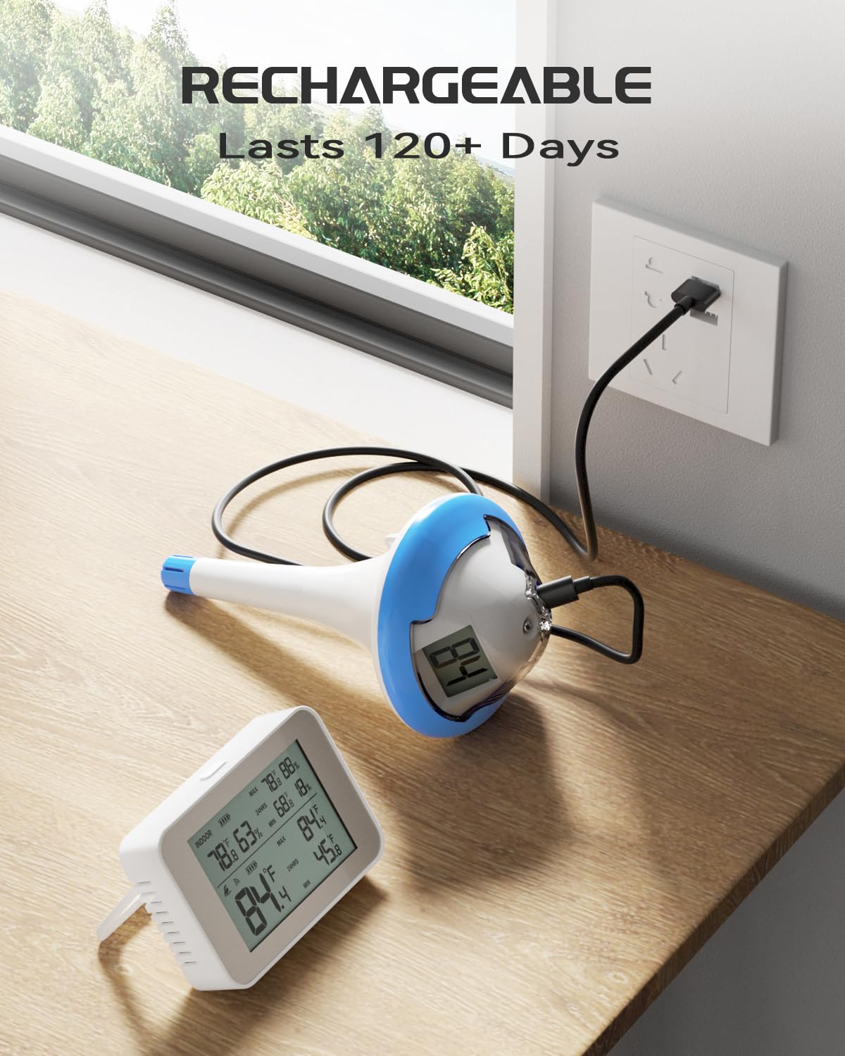 Rechargeable Wireless Pool Thermometer Floating Easy Read, Dual Screens Big Digits Water Thermometer for Swimming Pool, Hot Tub, Hot Spring, Aquarium