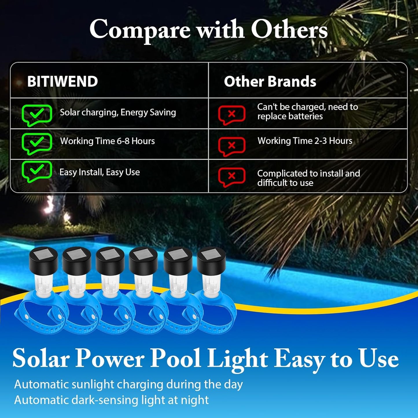 Solar Pool Lights 6 Pack Outdoor Lights for Framed Above Ground Pools, Waterproof Swimming Pool Accessories Lights, Outdoor Yard Garden Pool Decoration Night Light