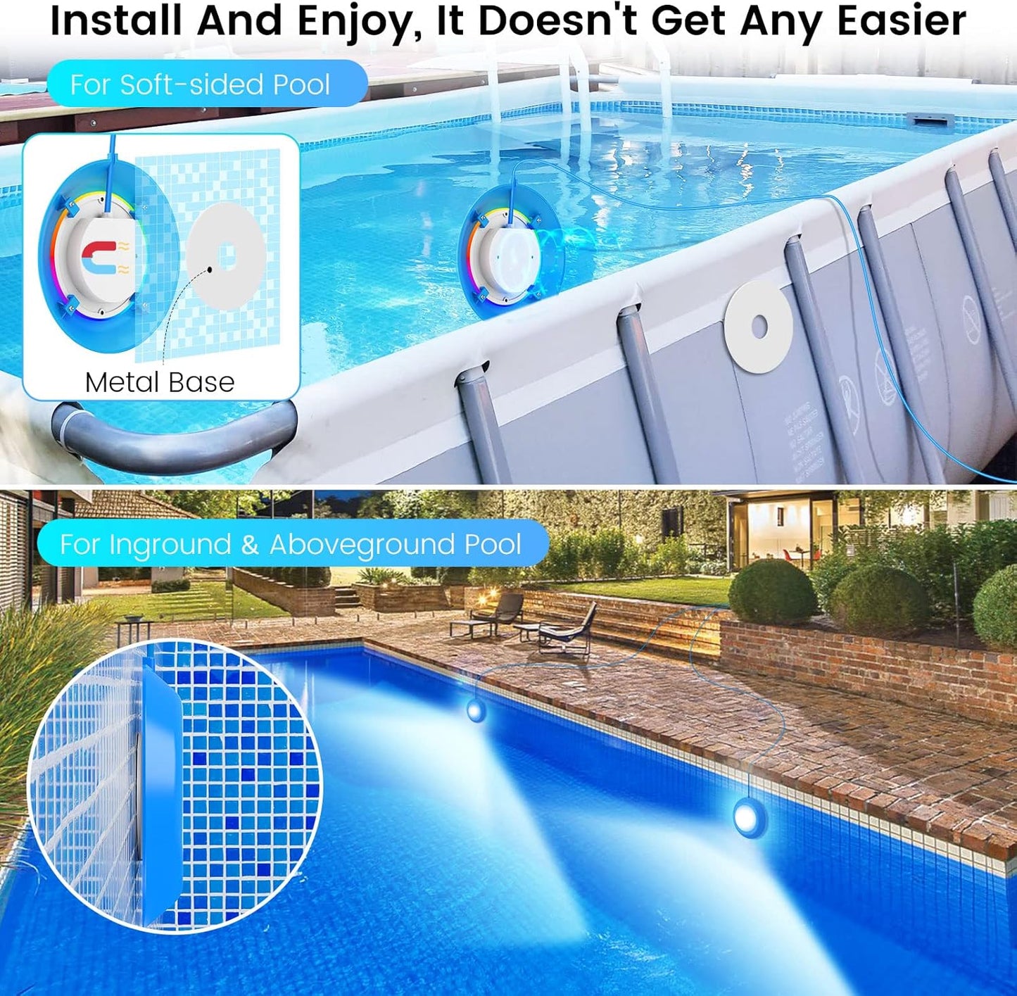 LED Pool Lights, 20W Smart RGB Magnetic Submersible Light with APP Control, 800lm Dimmable, IP68 Waterproof 12V Nicheless Underwater Lights for Inground Aboveground Pools