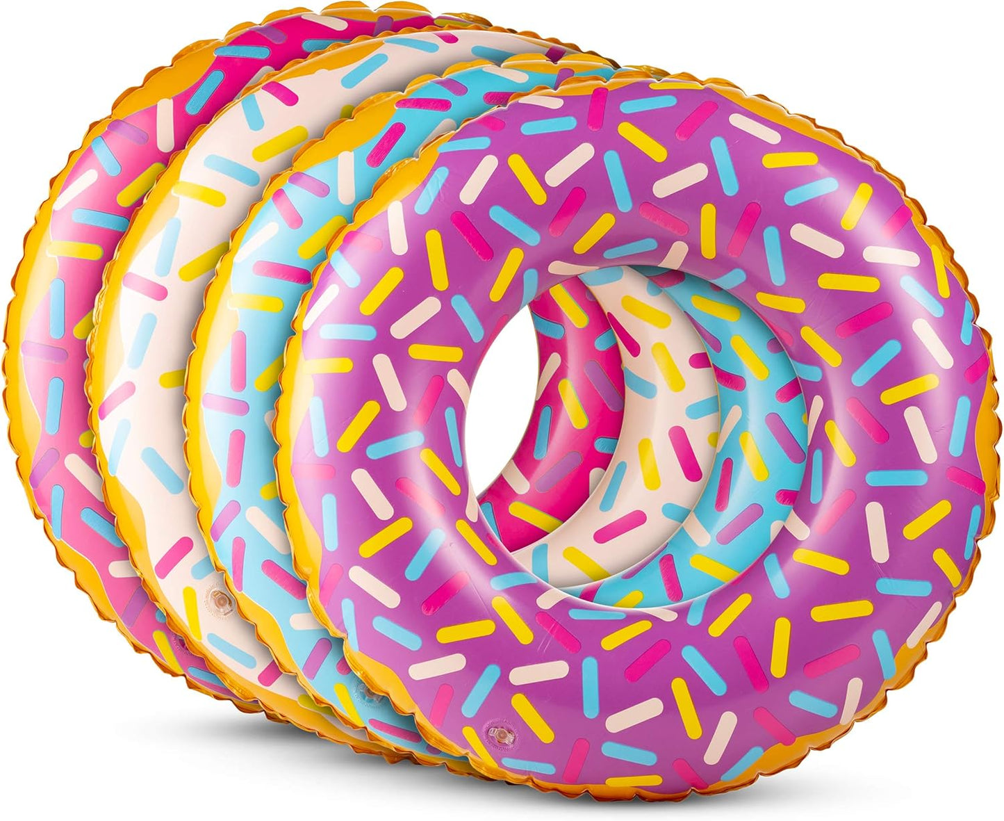 Inflatable Donuts - (Pack of 4) 24 Inch Donut Pool Float for Kids Pool Tube, Assorted Swim Rings with Sprinkles for Pool Floaties, Party Decorations, Giveaways and Kids Party Favors