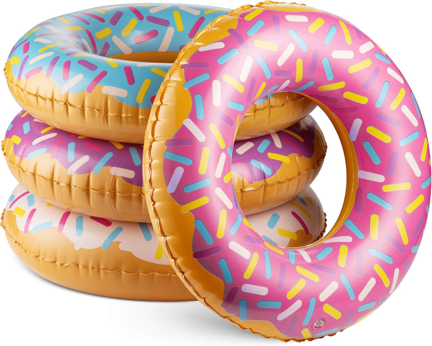 Inflatable Donuts - (Pack of 4) 24 Inch Donut Pool Float for Kids Pool Tube, Assorted Swim Rings with Sprinkles for Pool Floaties, Party Decorations, Giveaways and Kids Party Favors