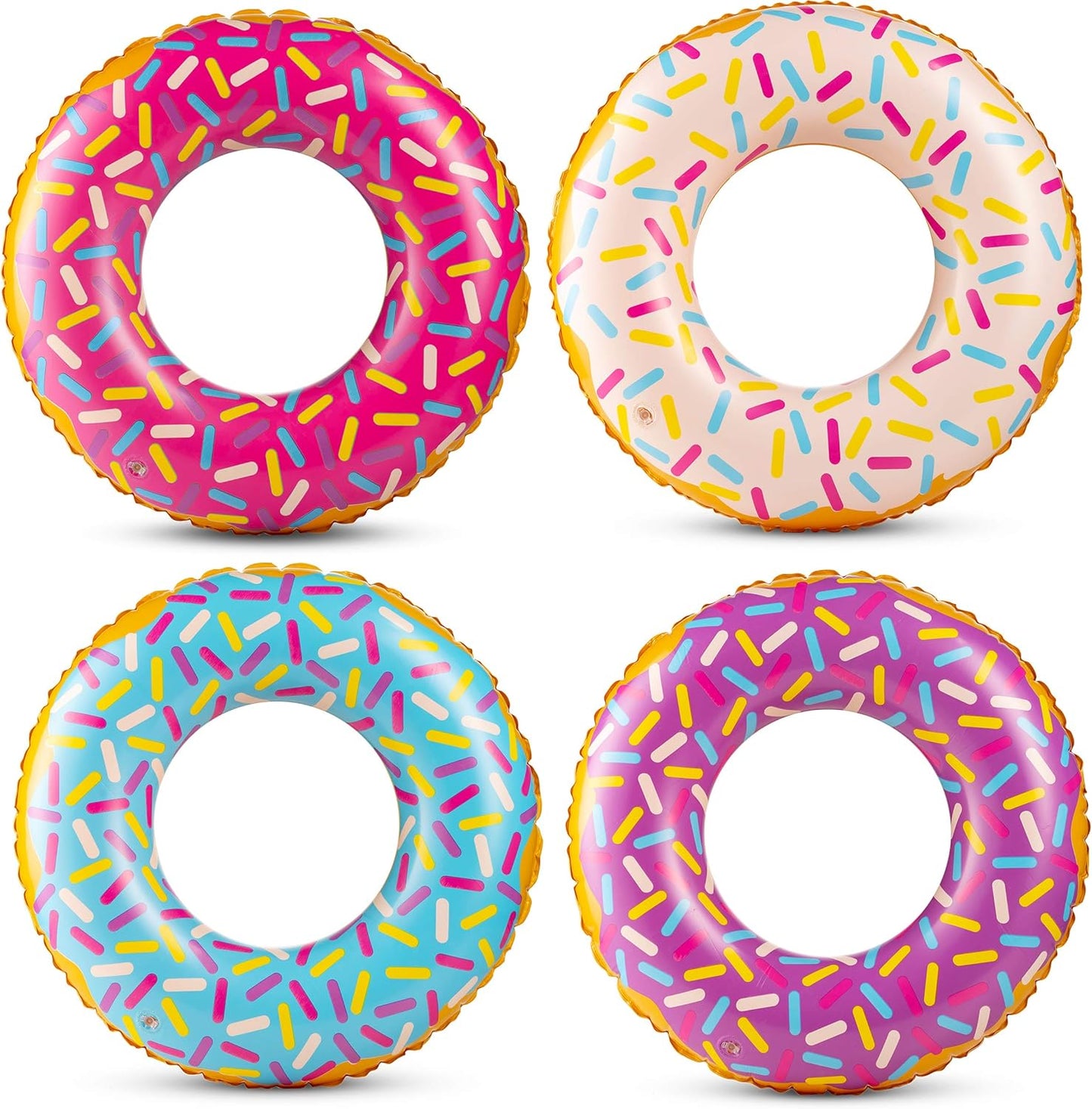 Inflatable Donuts - (Pack of 4) 24 Inch Donut Pool Float for Kids Pool Tube, Assorted Swim Rings with Sprinkles for Pool Floaties, Party Decorations, Giveaways and Kids Party Favors